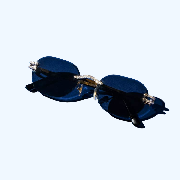 Style Of Unisex Moissanite Diamond And 14Kt Original Gold Frame With Dark Blue Glass Rimless Sunglasses