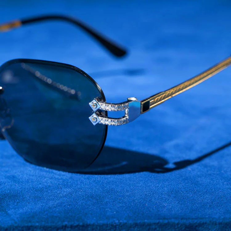 Style Of Unisex Moissanite Diamond And 14Kt Original Gold Frame With Dark Blue Glass Rimless Sunglasses