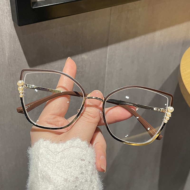 luxury vintage stylish metal optical frame polygon retro pearl anti blue light glasses for women men
