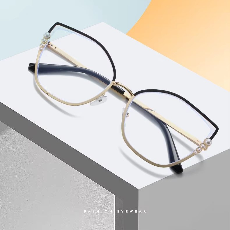luxury vintage stylish metal optical frame polygon retro pearl anti blue light glasses for women men