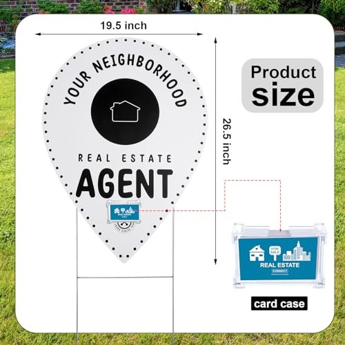 Real Estate Agents Sign with Clear Acrylic Business Card Holder and Metal Yard Stake Neighborhood Agent Map Pin Yard Sign
