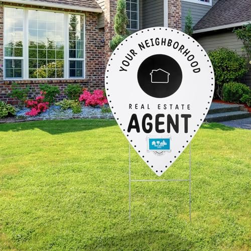 Real Estate Agents Sign with Clear Acrylic Business Card Holder and Metal Yard Stake Neighborhood Agent Map Pin Yard Sign