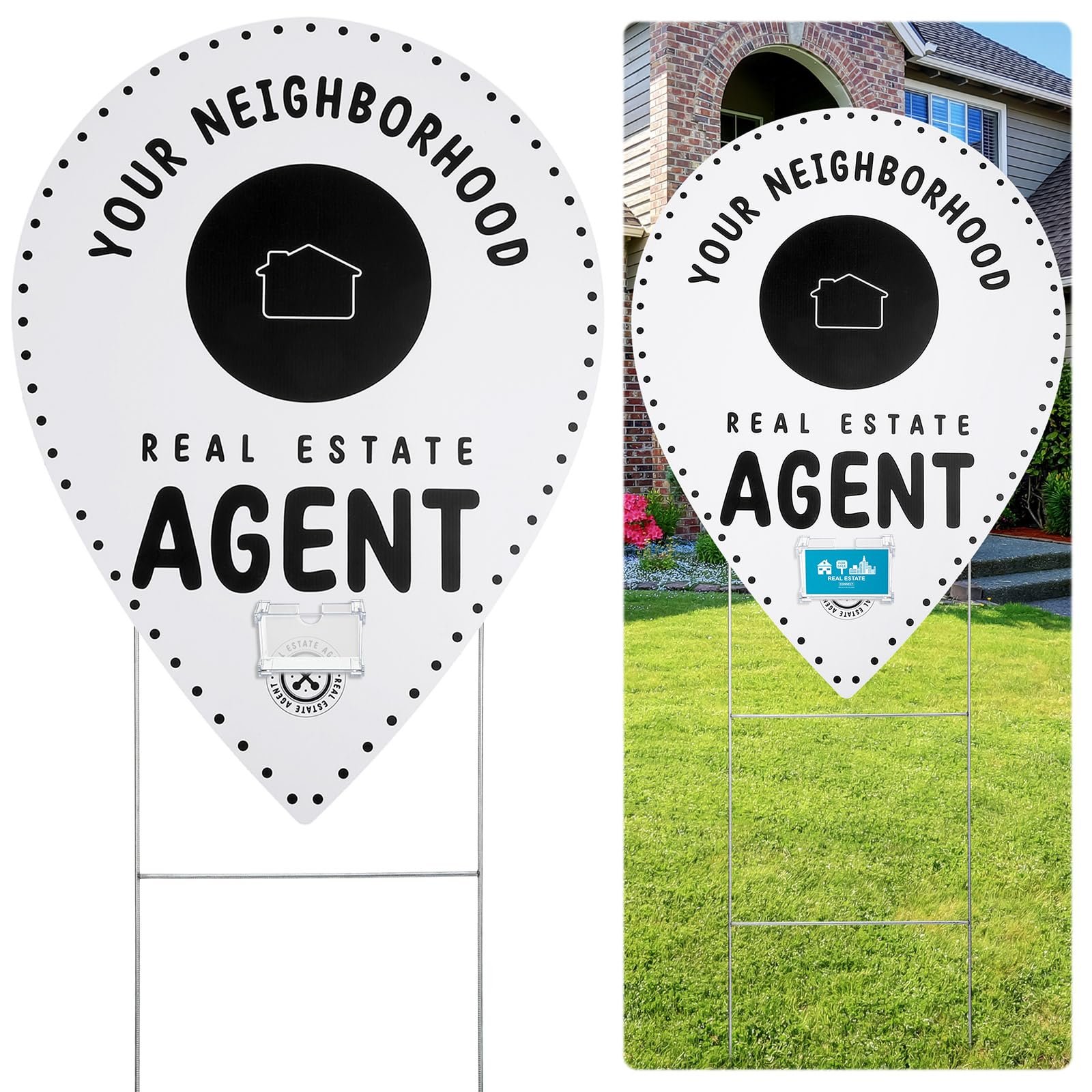 Real Estate Agents Sign with Clear Acrylic Business Card Holder and Metal Yard Stake Neighborhood Agent Map Pin Yard Sign