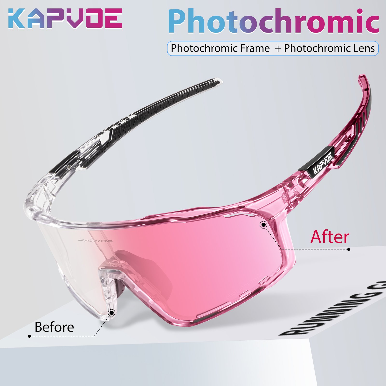 2024 new design photochromic frame with photochromic lens outdoor sport cycling running sunglasses custom logo men shatterproof