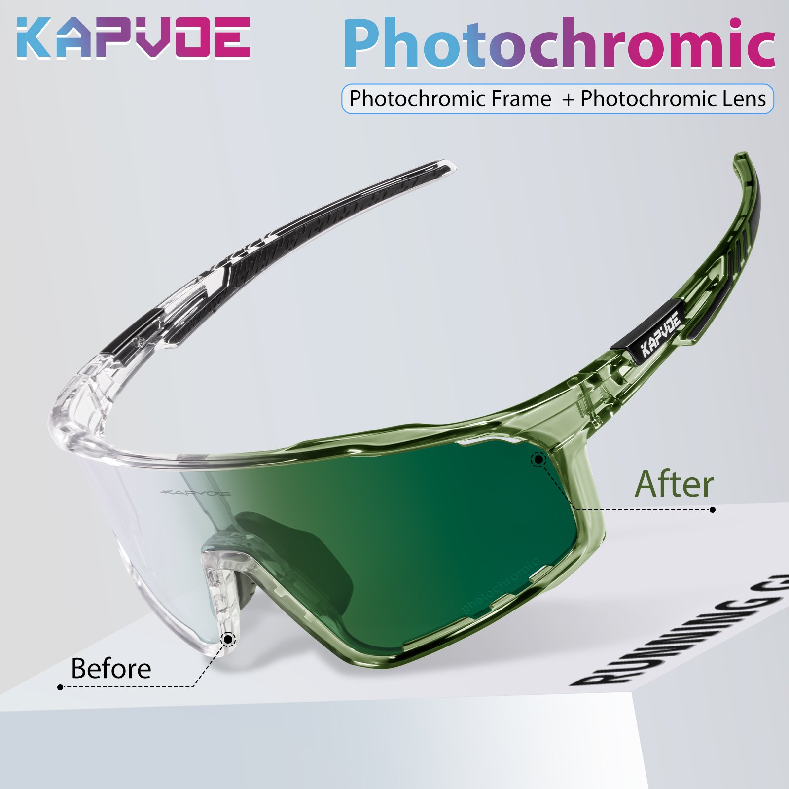 2024 new design photochromic frame with photochromic lens outdoor sport cycling running sunglasses custom logo men shatterproof
