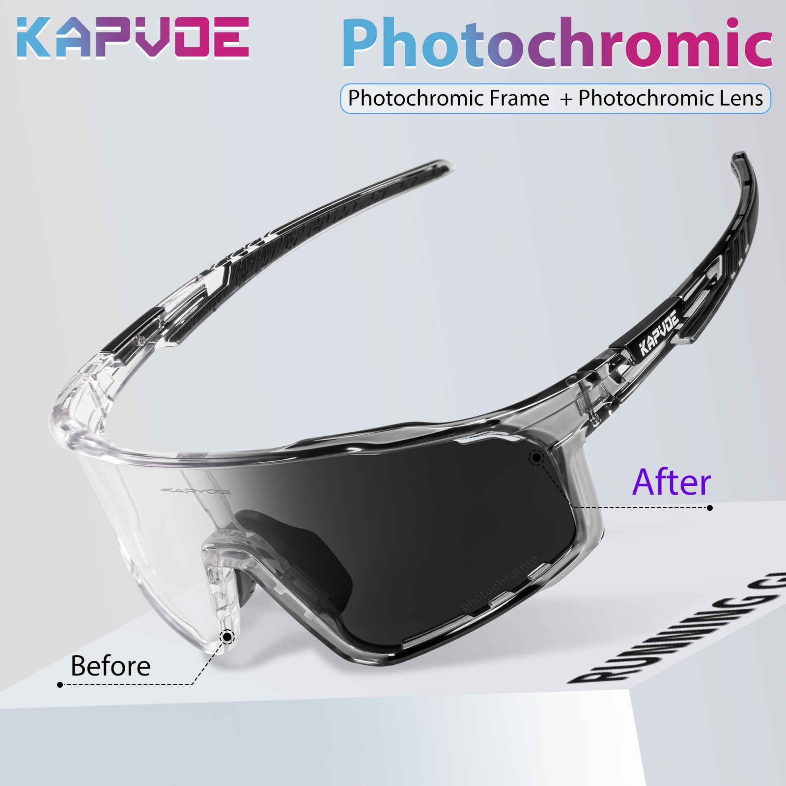 2024 new design photochromic frame with photochromic lens outdoor sport cycling running sunglasses custom logo men shatterproof