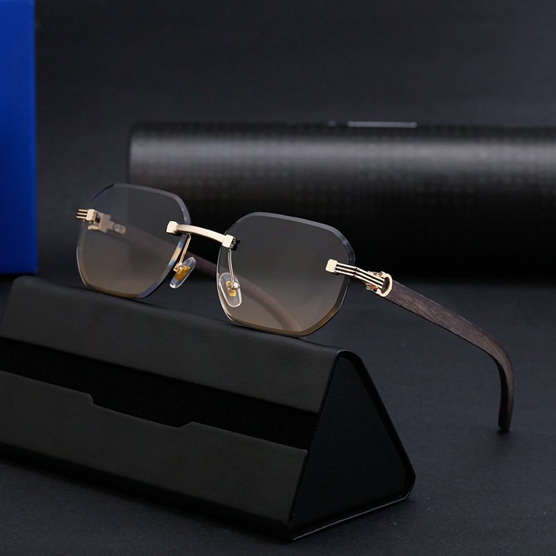 New Retro Frameless Woodgrain Men Sunglasses INS Trendy Women's Diamond Cut Edge Anti Blue Light Glasses Literary Business Frame