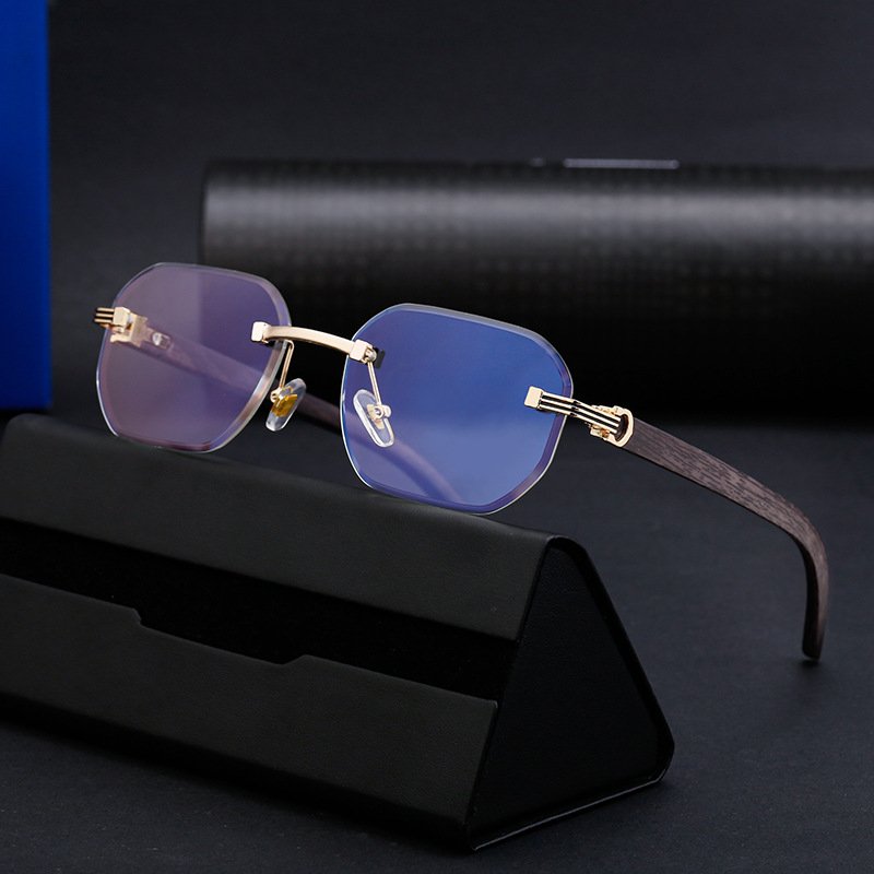 New Retro Frameless Woodgrain Men Sunglasses INS Trendy Women's Diamond Cut Edge Anti Blue Light Glasses Literary Business Frame