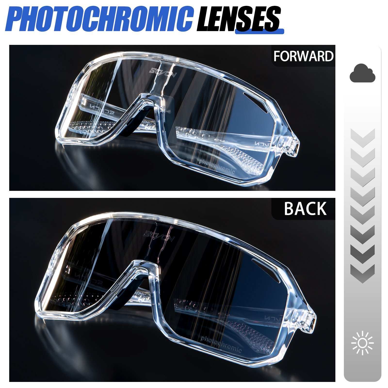 KAPVOE Modern Style Cycling Sunglasses Photochromic Glasses with Transparent PC Frame