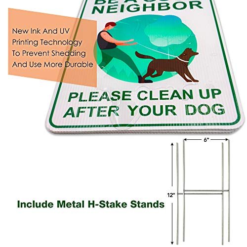 Clean Up After Your Dog Signs (2 Pack, 9 x 12") With Metal H-Stakes, Double Sided,No Dog Poop Lawn Signs,Outdoor & Sturdy