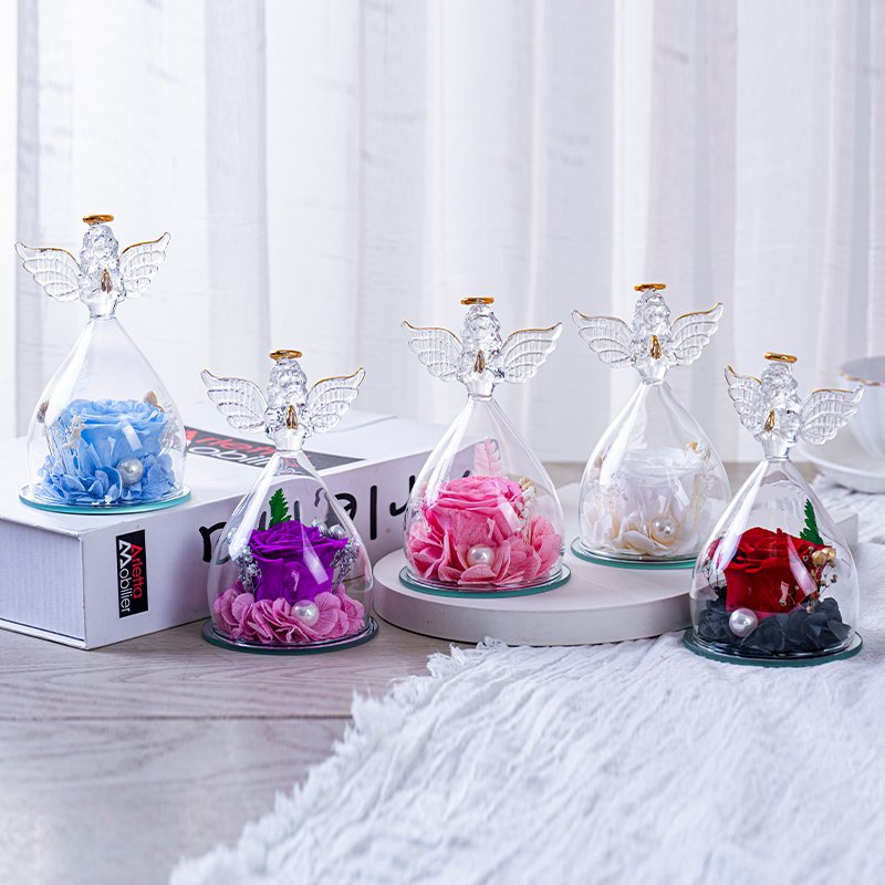 Hot Selling Real Roses and Beautiful Angels Preserved Flowers and Glass Covers for Birthday Gifts