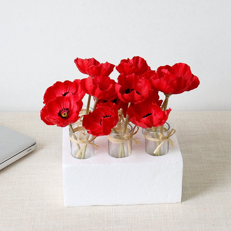 Red Green Pink And Yellow Mini Factitious Poppy in glass vase Indor Restaurants Table Flowers Decorations