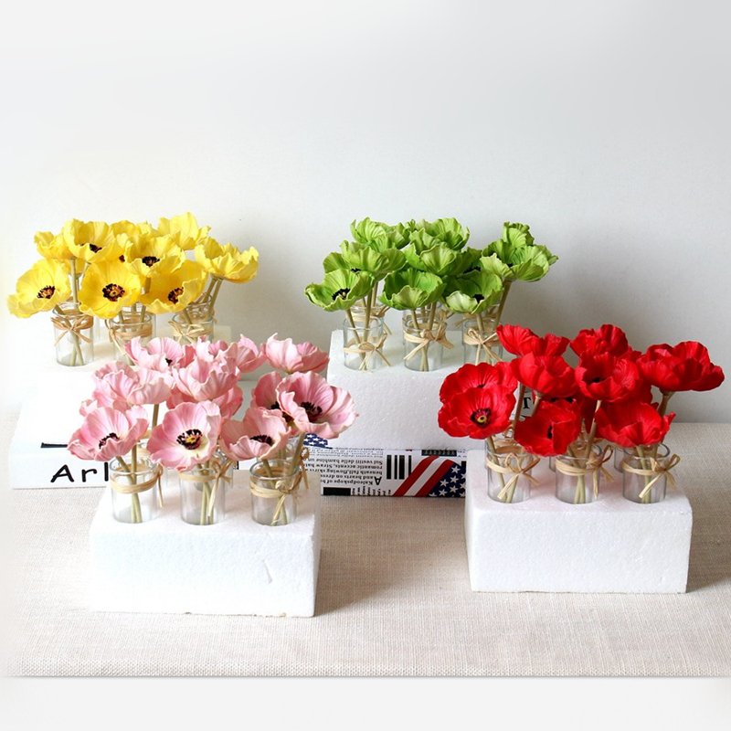 Red Green Pink And Yellow Mini Factitious Poppy in glass vase Indor Restaurants Table Flowers Decorations