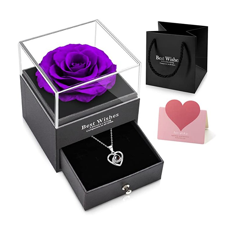Valentines Mother Day Gift Eternal Rose Preserved Roses Flowers Jewelry Necklace Box With I Love You Necklace Gift