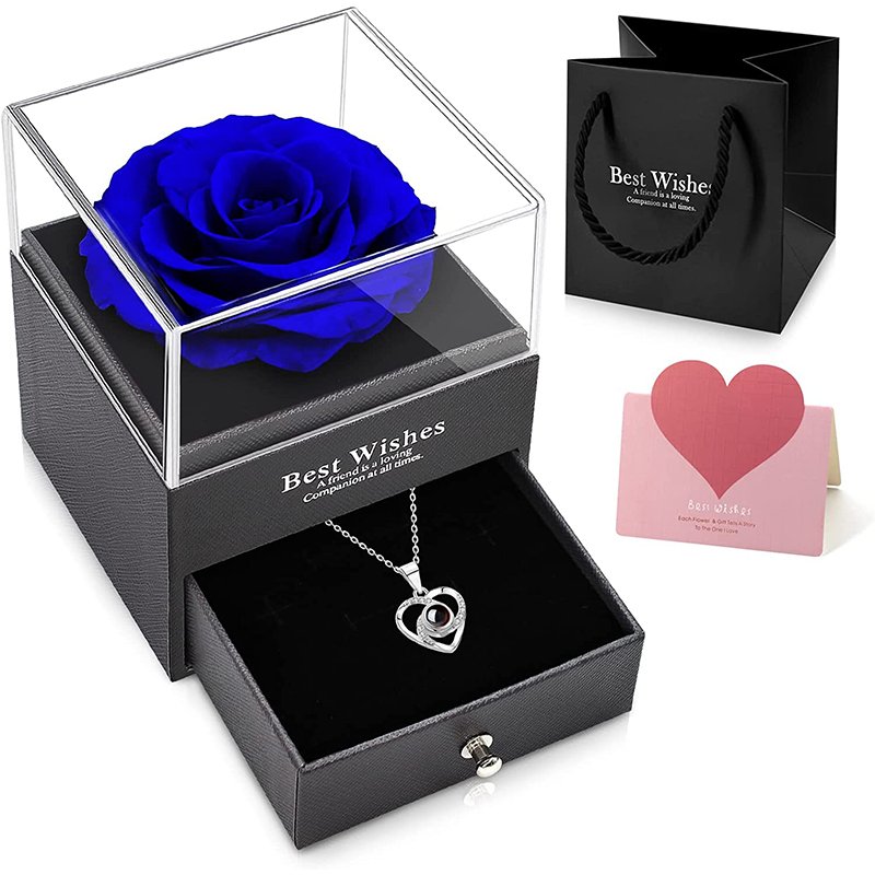 Valentines Mother Day Gift Eternal Rose Preserved Roses Flowers Jewelry Necklace Box With I Love You Necklace Gift