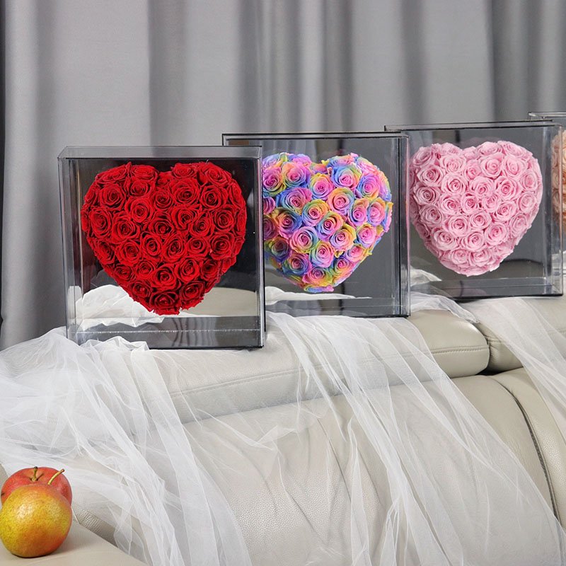 Wholesale Preserved Flower Heart Shape Mirror Acrylic Gift Box Preserved Flower Valentine's Day Christmas Gift