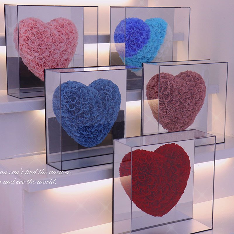 Wholesale Preserved Flower Heart Shape Mirror Acrylic Gift Box Preserved Flower Valentine's Day Christmas Gift