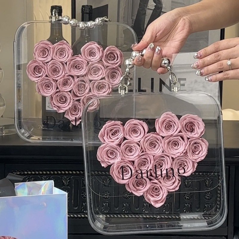 Hot 2024 Creative Portable Flower Box Romantic Darling Acrylic Heart Rose Flower Box Valentine's Day&Birthday,Mother's Day Gift