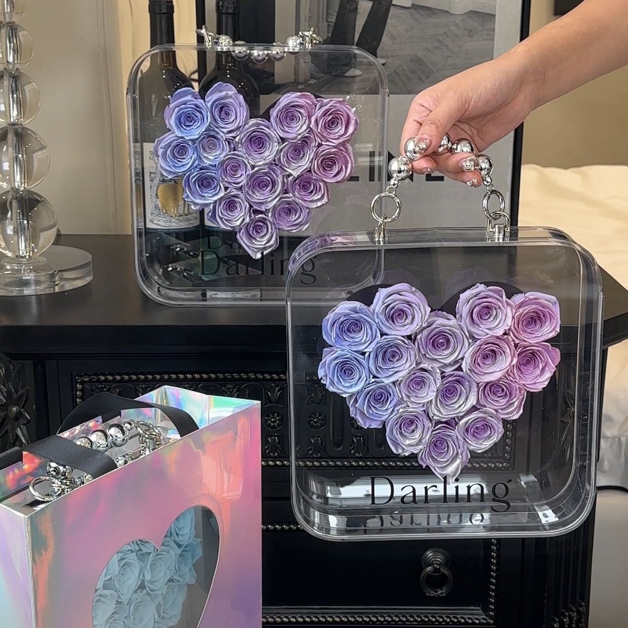 Hot 2024 Creative Portable Flower Box Romantic Darling Acrylic Heart Rose Flower Box Valentine's Day&Birthday,Mother's Day Gift