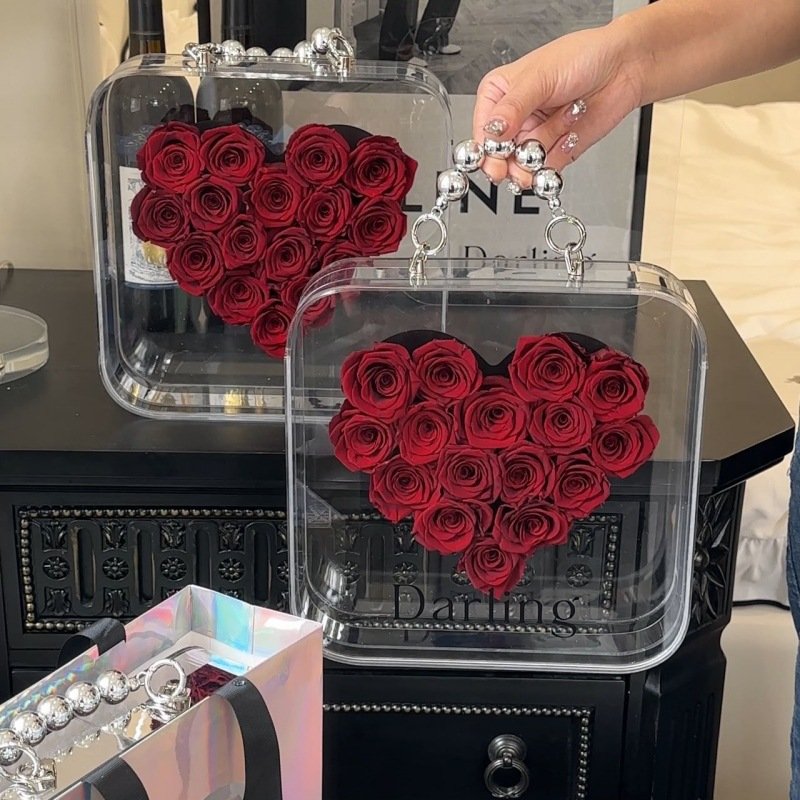Hot 2024 Creative Portable Flower Box Romantic Darling Acrylic Heart Rose Flower Box Valentine's Day&Birthday,Mother's Day Gift
