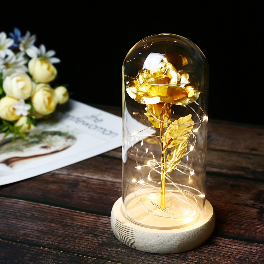 BLH Amazon Hot Selling Red Eternal rose Milky White Wooden Base gifts Red Roses Flower with Led Lights In Glass Dome For Gift