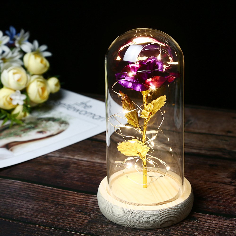 BLH Amazon Hot Selling Red Eternal rose Milky White Wooden Base gifts Red Roses Flower with Led Lights In Glass Dome For Gift