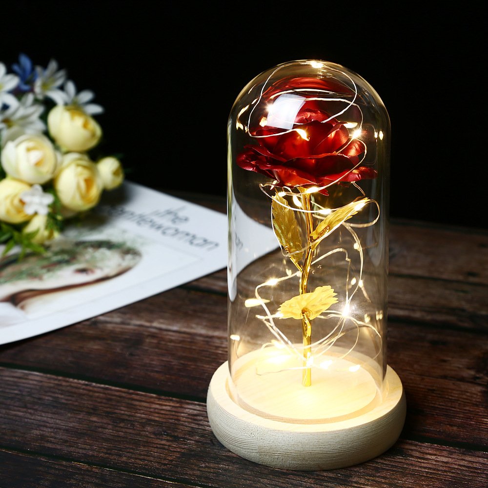 BLH Amazon Hot Selling Red Eternal rose Milky White Wooden Base gifts Red Roses Flower with Led Lights In Glass Dome For Gift