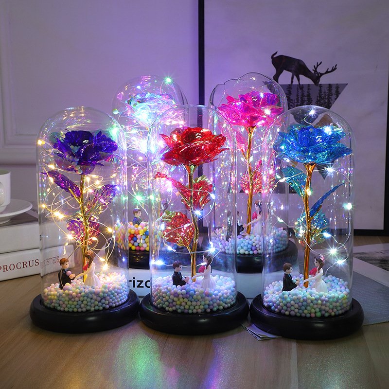 Wholesale Decoration Artificial Eternal Led Rose Preserved Flower In Glass Dome With Light For Valentine Proposal