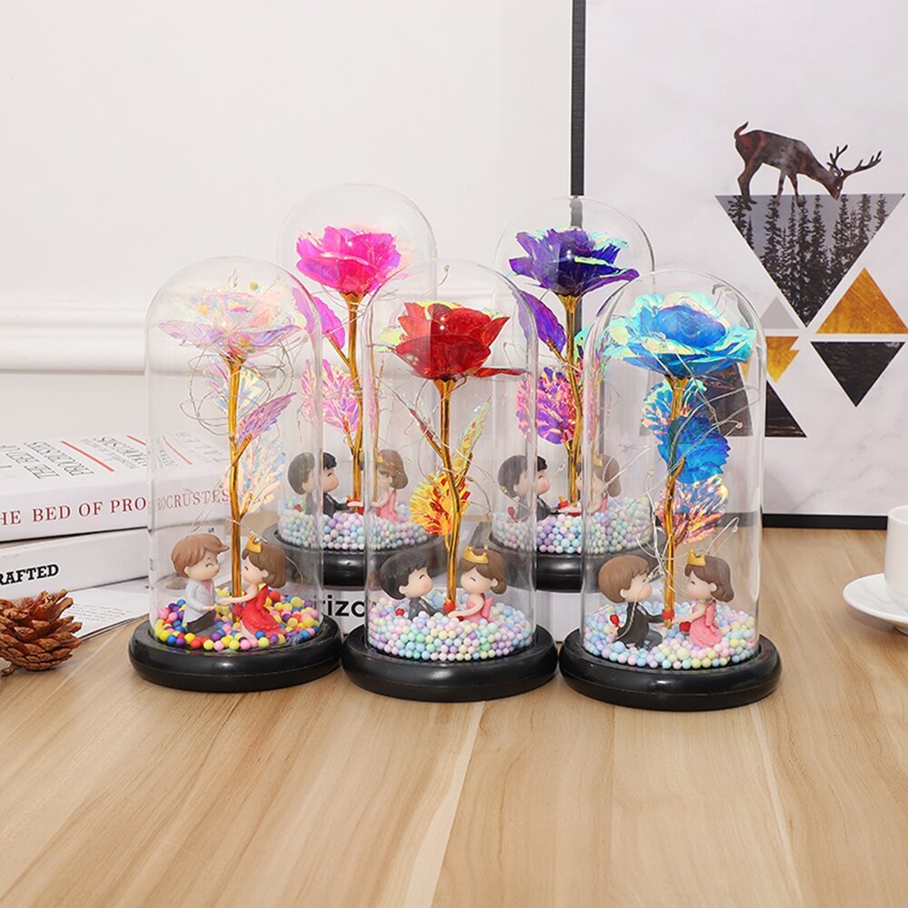 Wholesale Decoration Artificial Eternal Led Rose Preserved Flower In Glass Dome With Light For Valentine Proposal