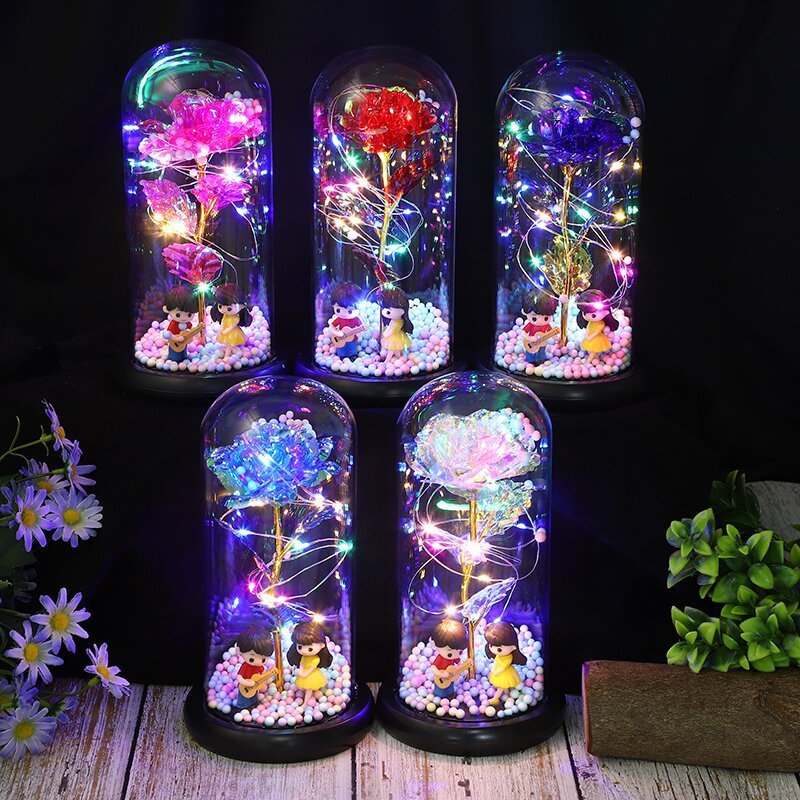 Wholesale Decoration Artificial Eternal Led Rose Preserved Flower In Glass Dome With Light For Valentine Proposal