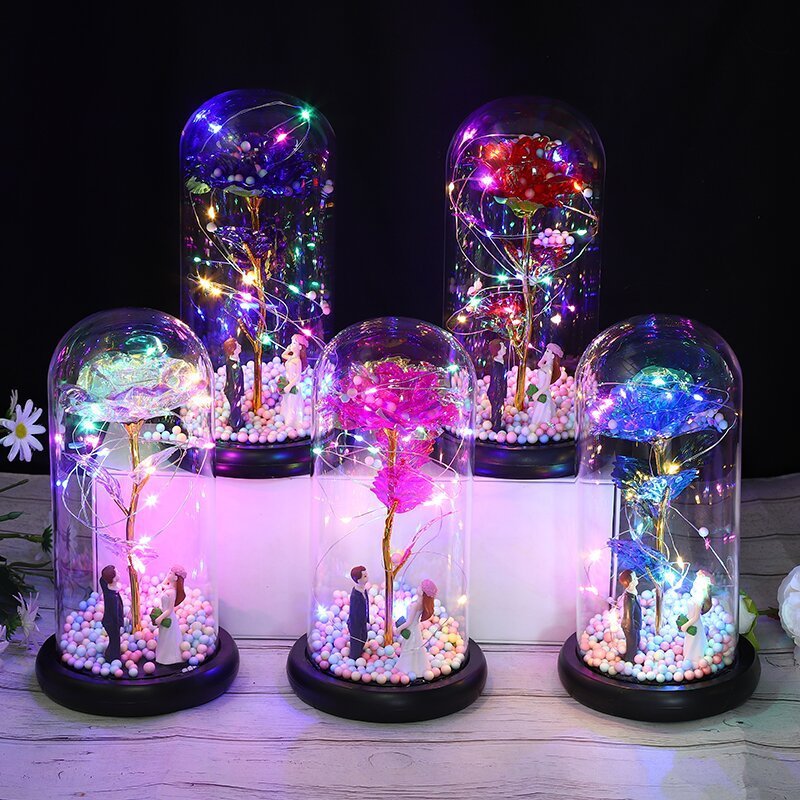 Wholesale Decoration Artificial Eternal Led Rose Preserved Flower In Glass Dome With Light For Valentine Proposal