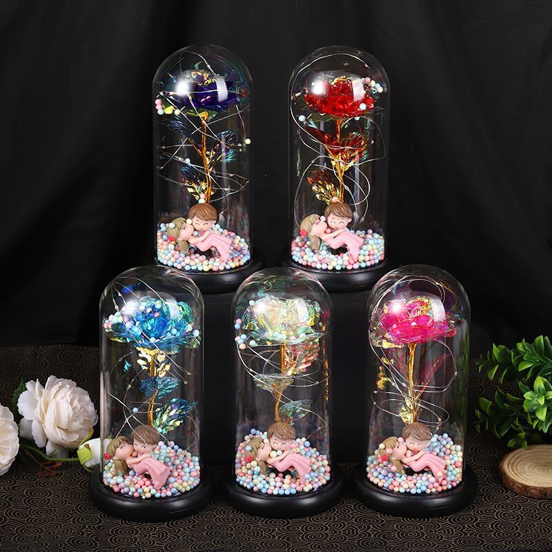 Wholesale Decoration Artificial Eternal Led Rose Preserved Flower In Glass Dome With Light For Valentine Proposal