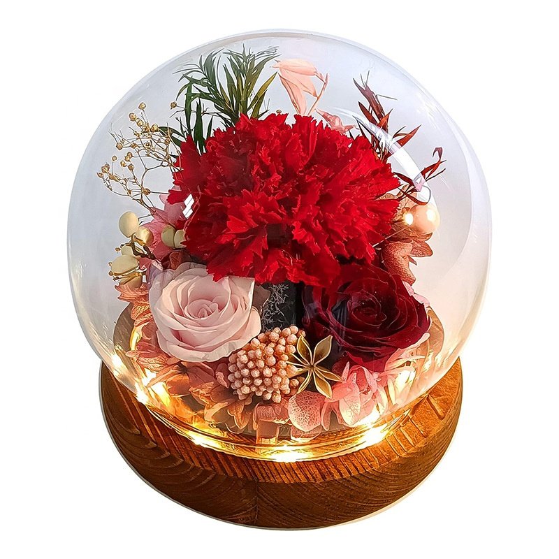 Wholesale Flower Mother's Day Gift Long Life Lasting Real Natural Eternal Rose Preserved Flower Forever Roses In Glass Dome Led