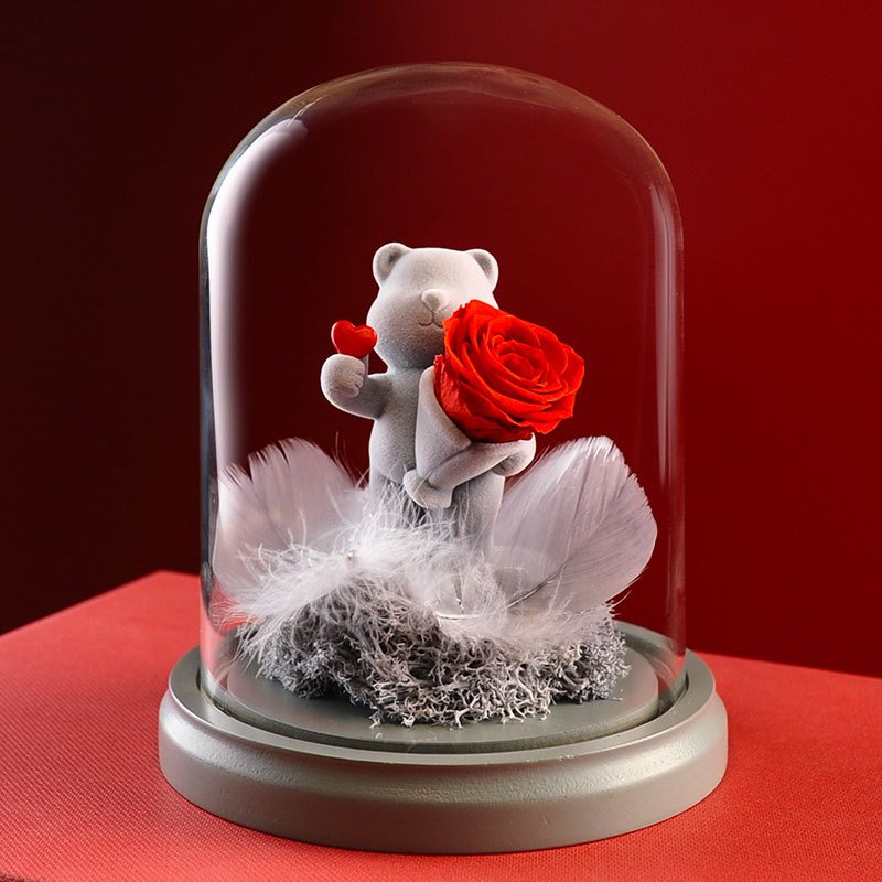 Wholesale Hot Seller Upscale Eternal Forever Flowers Everlasting Roses immortal Flowers with Bear in Glass Dome For Decoration