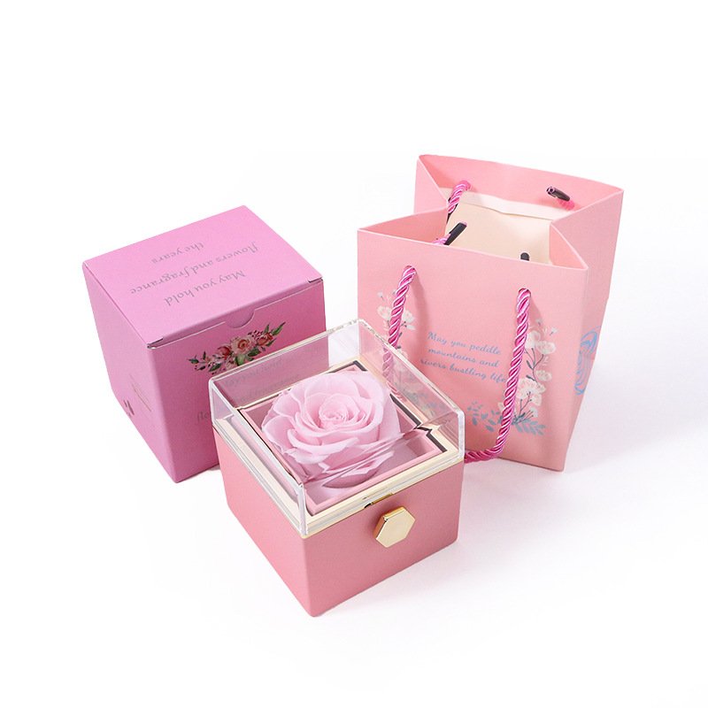 Christmas Valentines Day Gift Luxury Rotating Preserved Rose Flower Eternal Rose In Acrylic Box With Necklace For Women Girls
