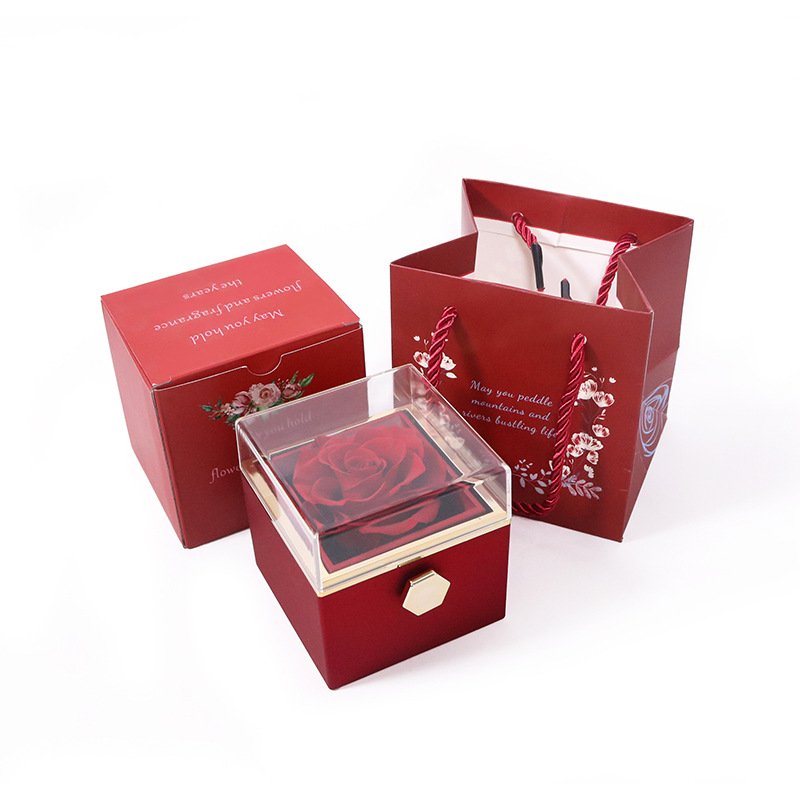Christmas Valentines Day Gift Luxury Rotating Preserved Rose Flower Eternal Rose In Acrylic Box With Necklace For Women Girls