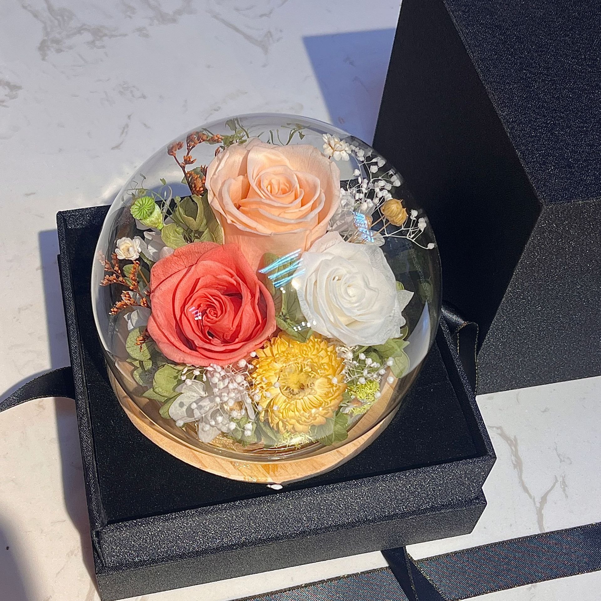LED light Glass Cover Preserved Real Flower Never Withered Rose Carnation Sunflower Decor Set Supplies Saint Valentines Day Gift
