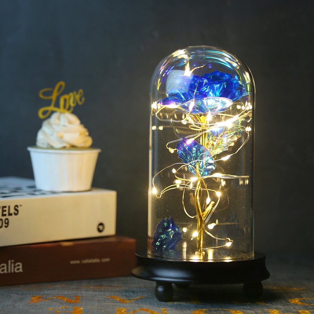 BLH Rainbow 24k golden rose LED Light String On The Colorful Gold Foil Flowers Galaxy Rose In Glass Dome Best gift for Valentine's day