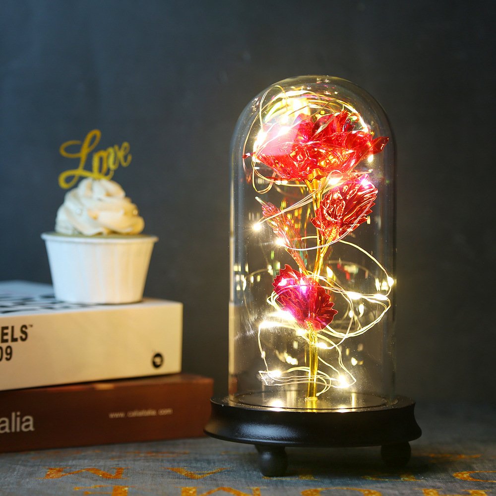 BLH Rainbow 24k golden rose LED Light String On The Colorful Gold Foil Flowers Galaxy Rose In Glass Dome Best gift for Valentine's day