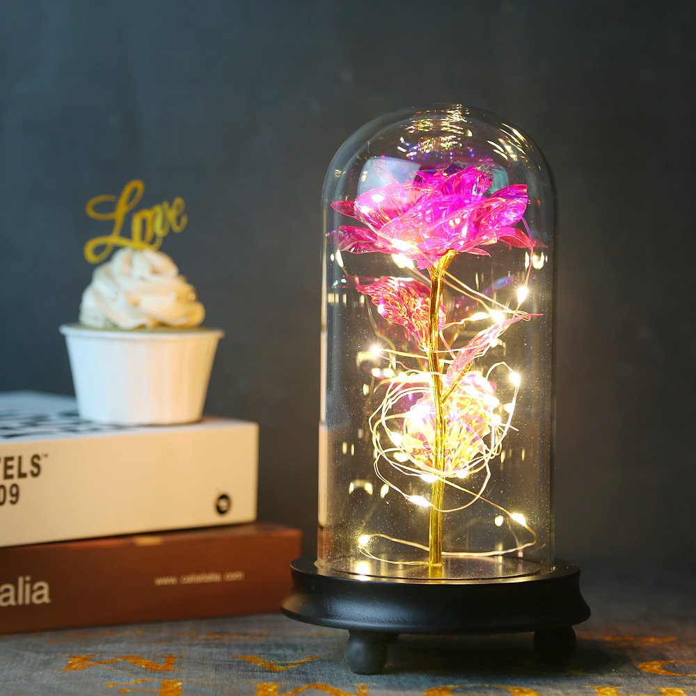 BLH Rainbow 24k golden rose LED Light String On The Colorful Gold Foil Flowers Galaxy Rose In Glass Dome Best gift for Valentine's day