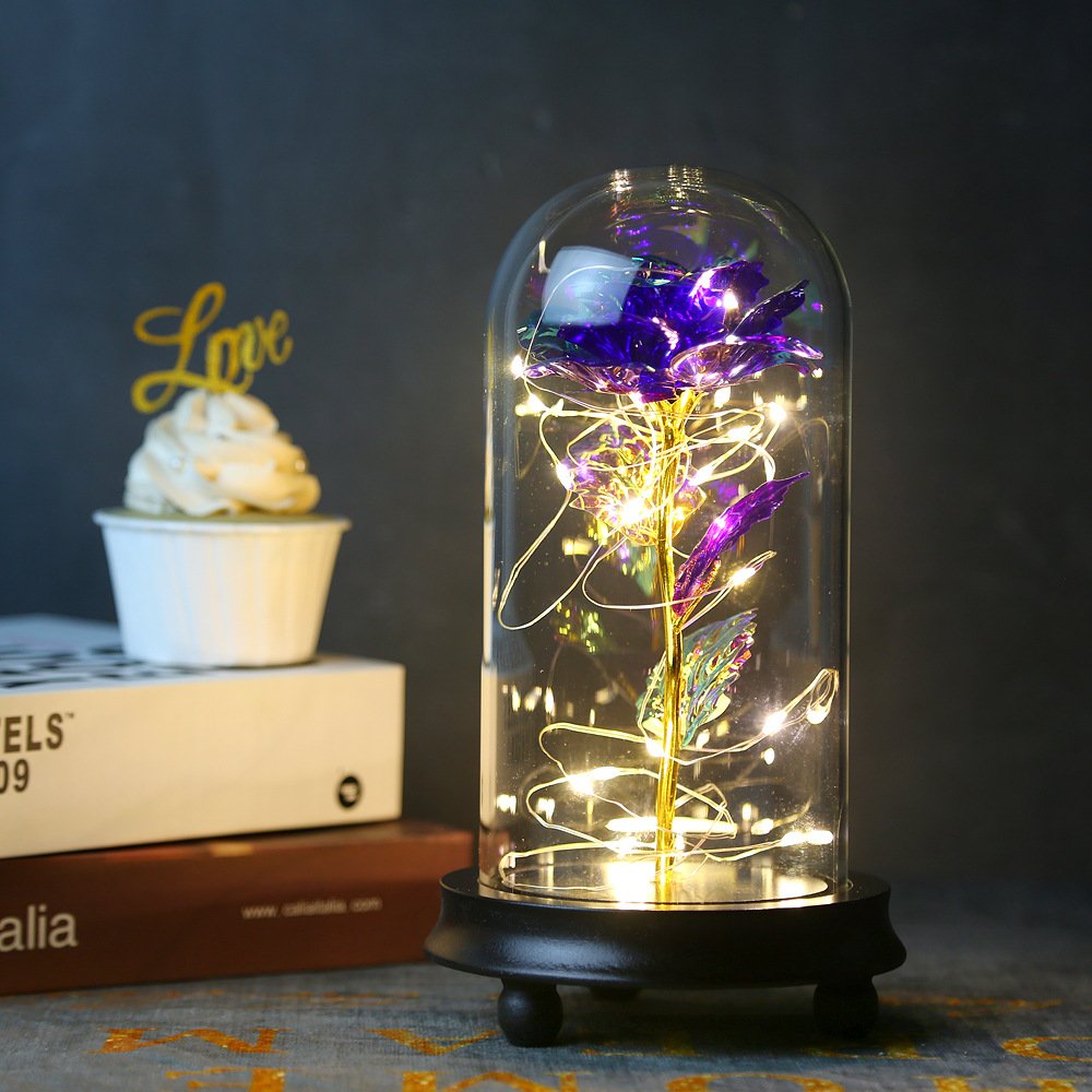 BLH Rainbow 24k golden rose LED Light String On The Colorful Gold Foil Flowers Galaxy Rose In Glass Dome Best gift for Valentine's day