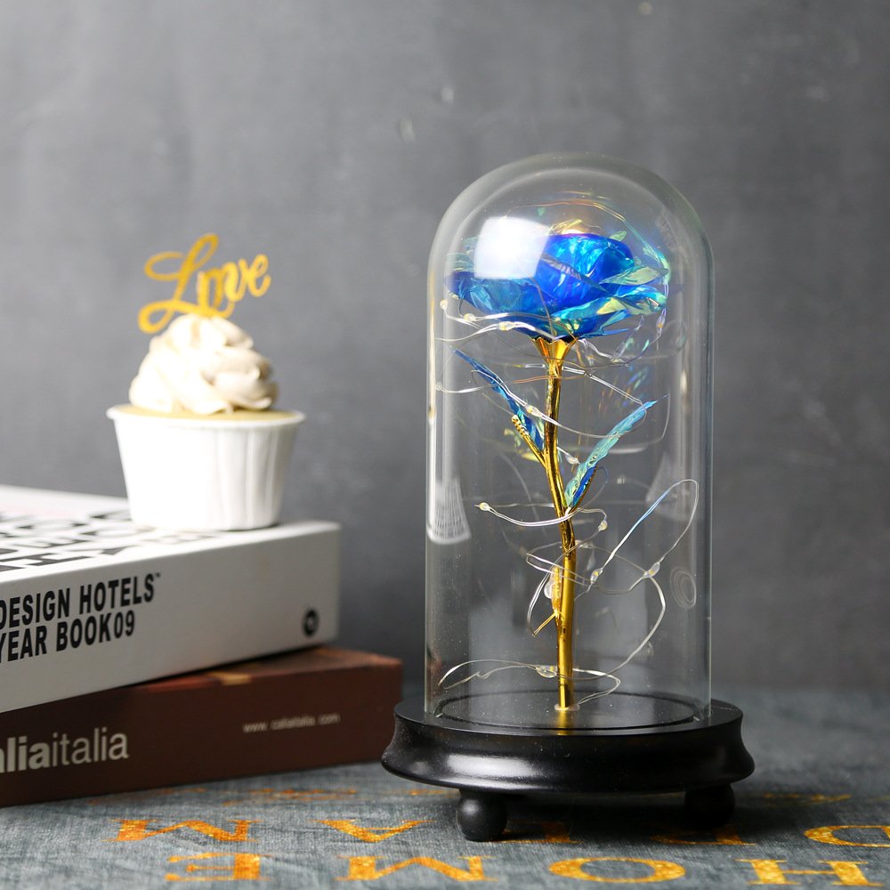 BLH Rainbow 24k golden rose LED Light String On The Colorful Gold Foil Flowers Galaxy Rose In Glass Dome Best gift for Valentine's day