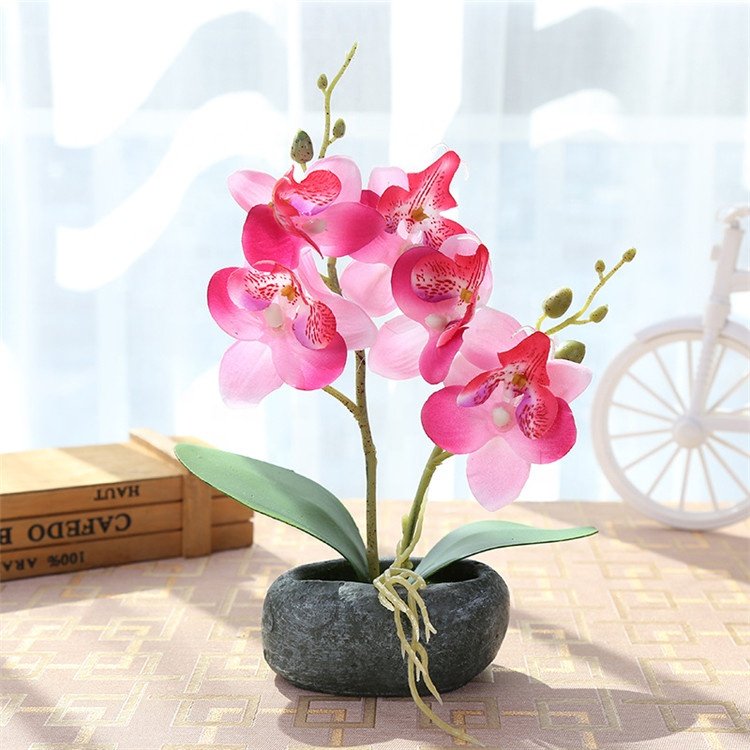 V-1229 Artificial Plants Pots Silk Artificial Orchid Flowers In Oval Vase For Table Decoration