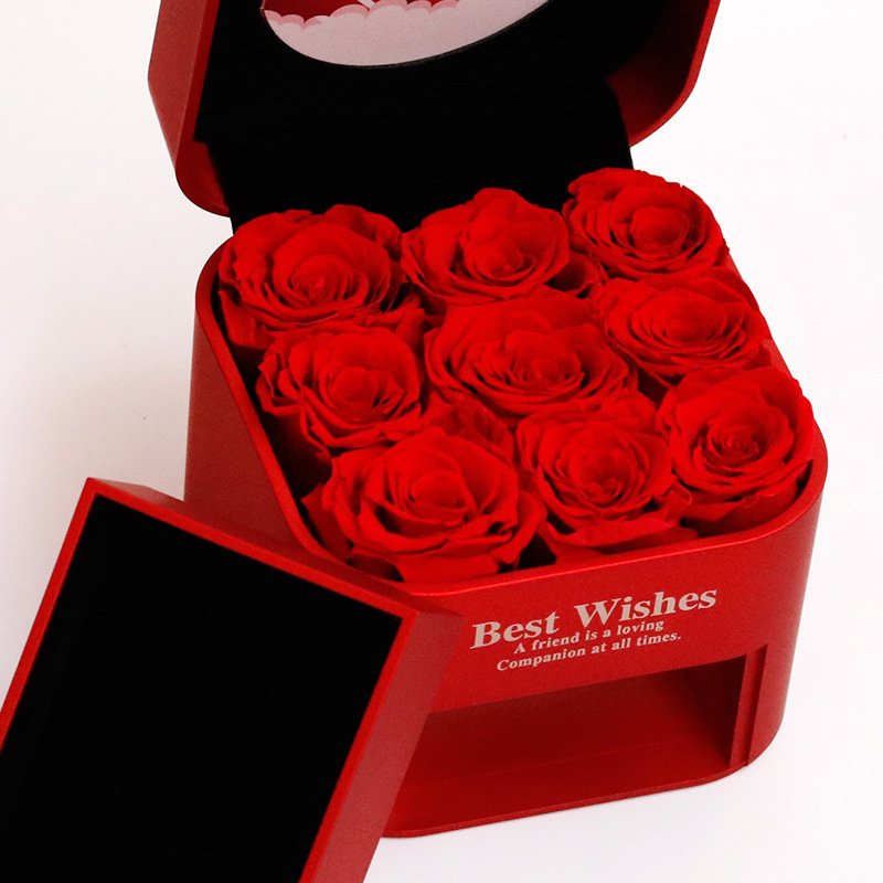 9PCS Valentine's Day Gift Red Preserved Flower Jewelry Box Gift Eternal Rose Jewelry Box Gift for Lady