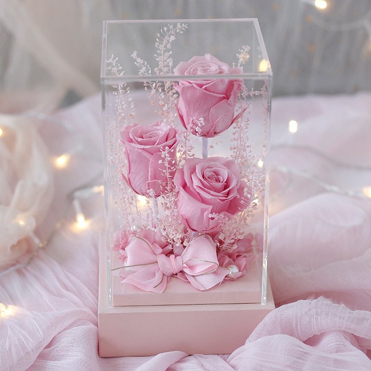 TC Wholesale 3 Eternal Rose Flower In Acrylic Box Wedding Valentines Day Gift Long Lasting Preserved Rose For Girlfriend