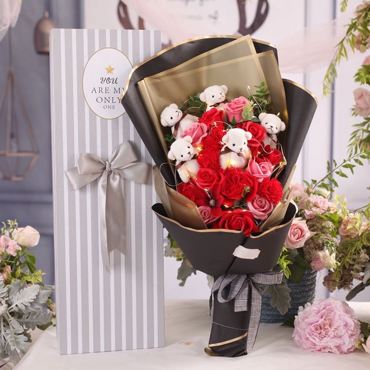 BLH Handmade Pretty Pink Girl Soap Rose Bride Flower Bouquet For Lover New Valentine Day Gift Box Sweet Rose Flower Soap Bouquet