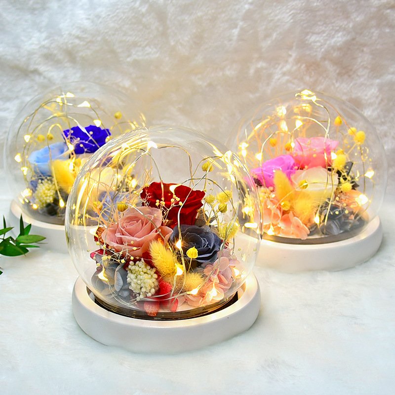 High Quality Natural Eternal Flowers Forever Preserved Rose In Glass Dome With Led Valentine Christmas Mothers Day Gifts For Her