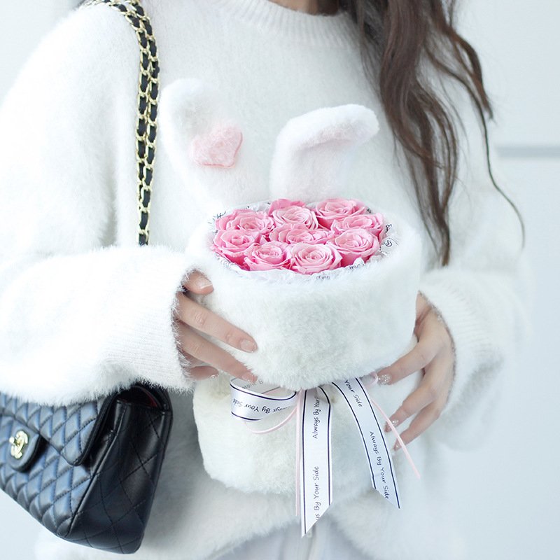 TC Cute 9 Roses Plush Rabbit Ears Finished Bouquet Bunny Dolls Eternal Rose Bouquet For Wedding Decoration Birthday Gift
