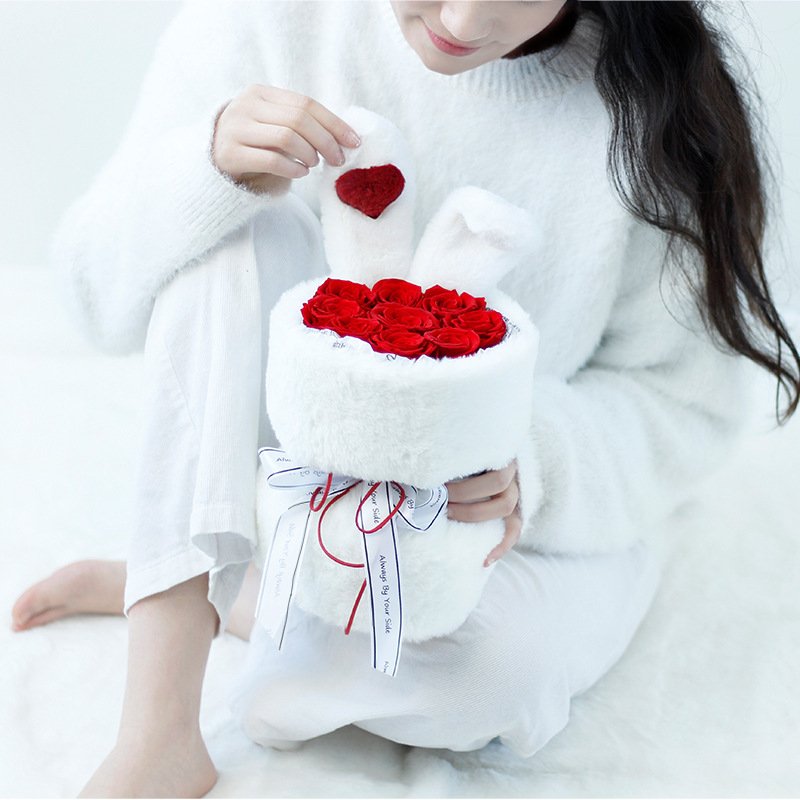 TC Cute 9 Roses Plush Rabbit Ears Finished Bouquet Bunny Dolls Eternal Rose Bouquet For Wedding Decoration Birthday Gift
