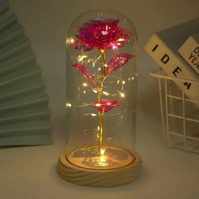 Valentines's Day Forever Roses Gift Artificial Eternal Beast Beauty Rose Everlasting Preserved Flower for Gift Glass Dome LED